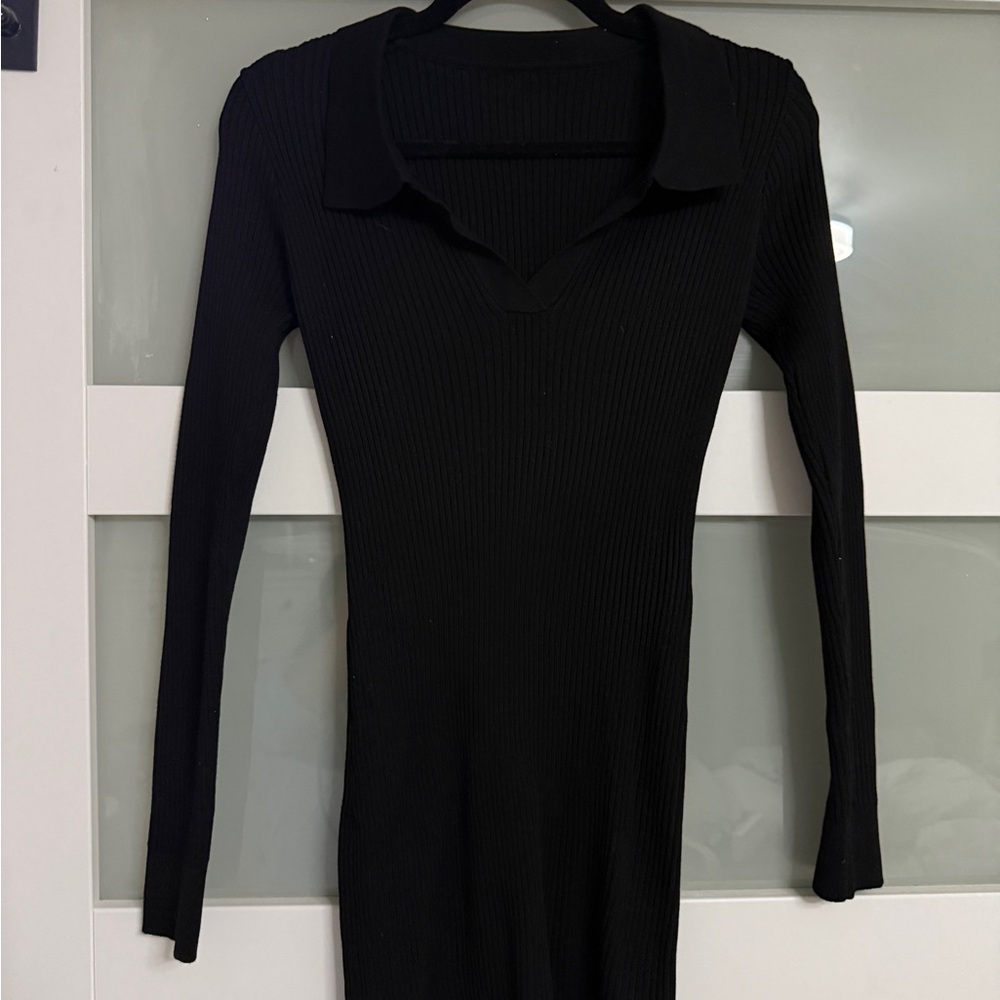 Black Ribbed Long Sleeve Dress